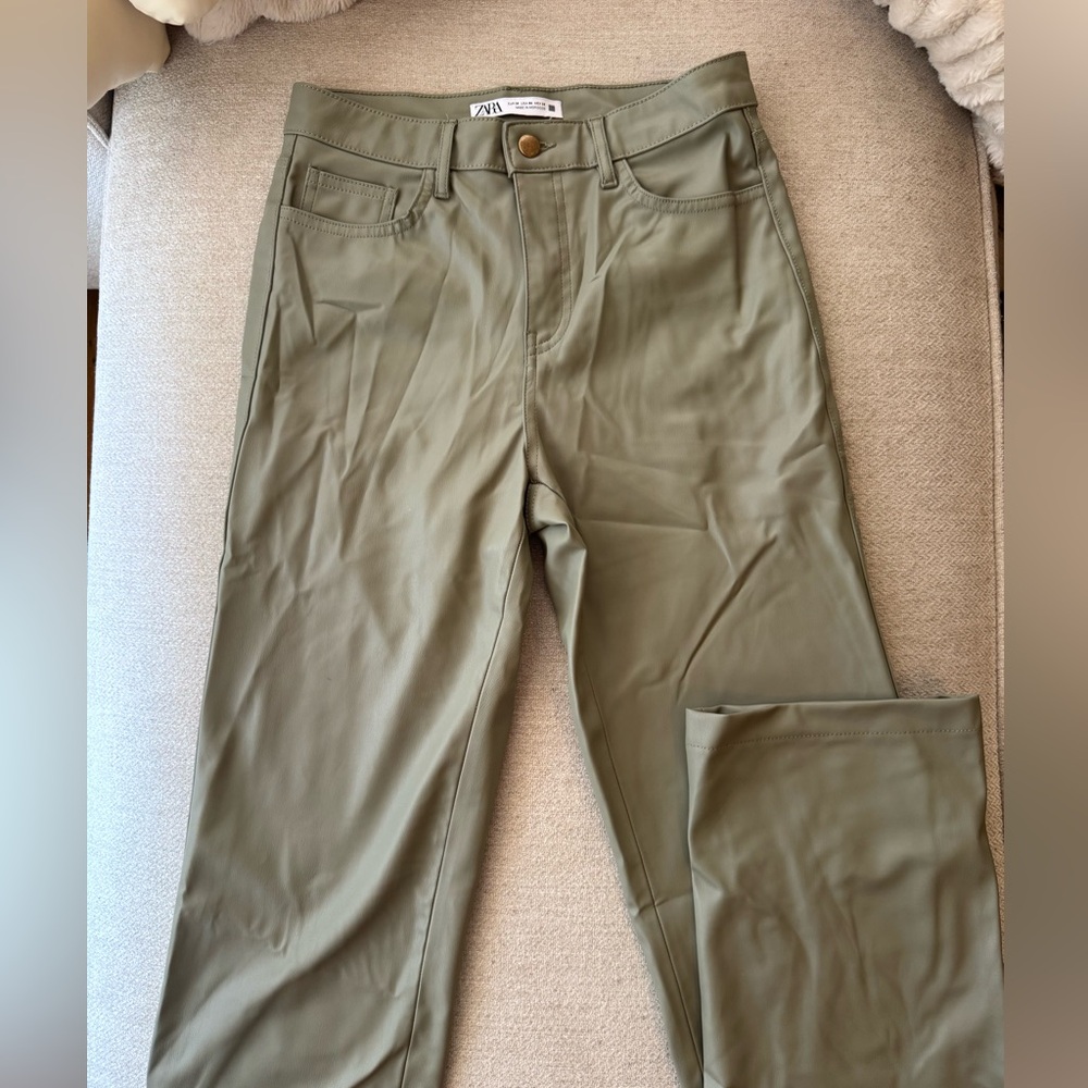 Zara Olive-Tone High-Rise Leather Pants